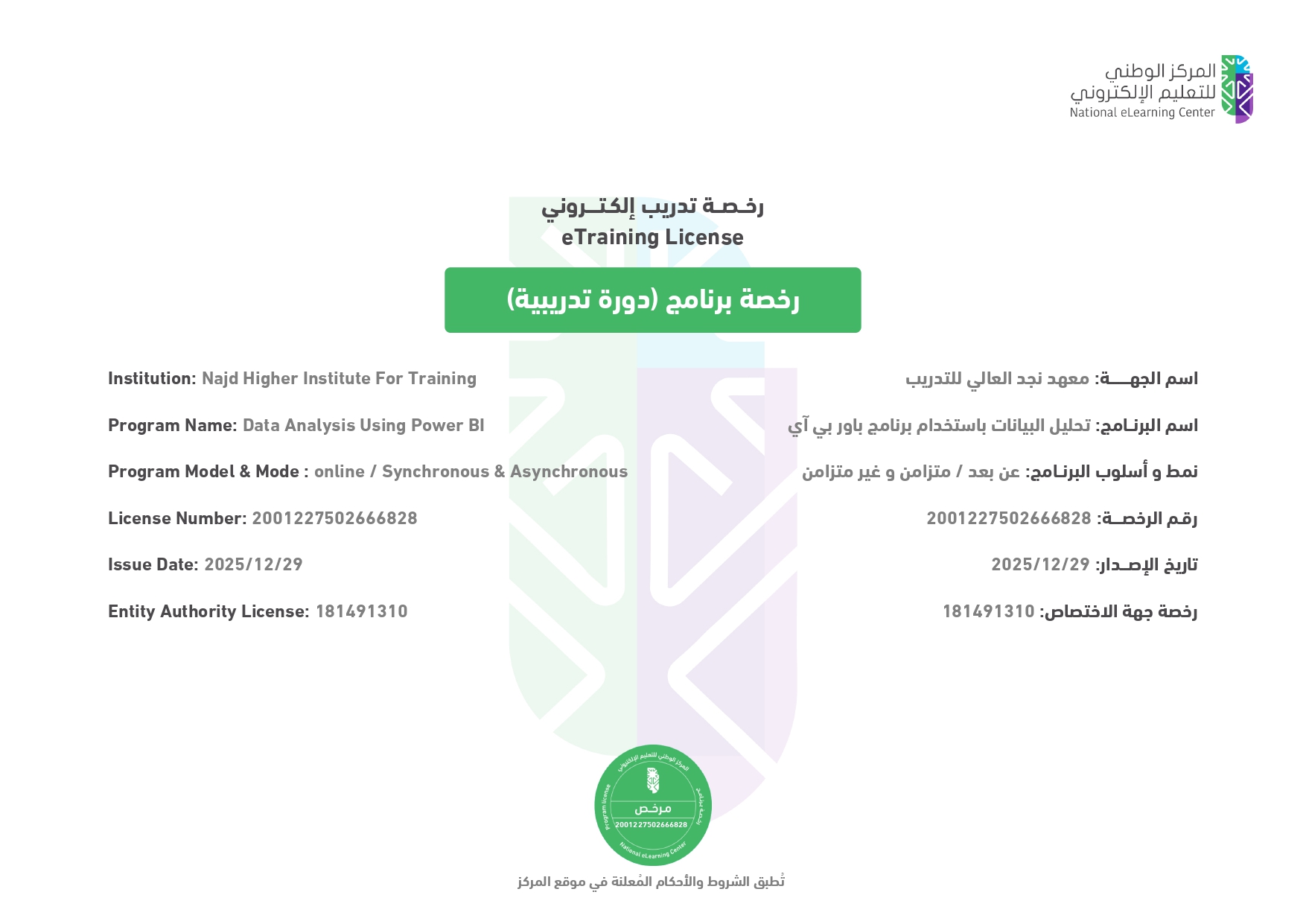 رخصة اعتماد تحليل البيانات المركز الوطني للتعليم الالكتروني
